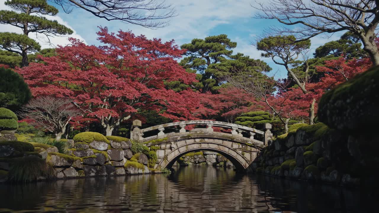 Serene garden scene with a stone bridge over water, captured from a low angle
