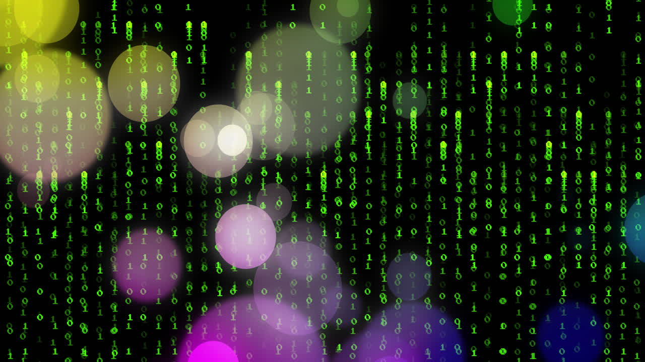 블랙 백그라운드에서 이진 코딩과 데이터 처리의 애니메이션