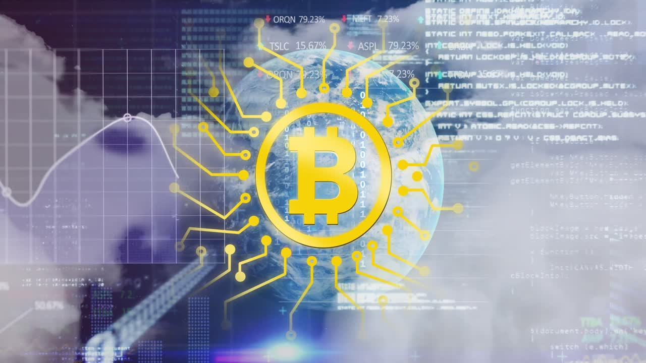 símbolo de bitcoin sobre el globo contra el procesamiento de datos en el cielo