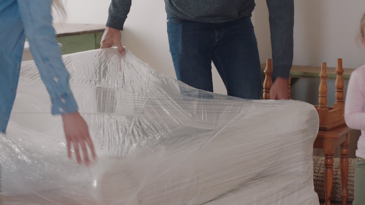 행복한 백인 가족이 새로운 집으로 이사합니다. 아이들이 있는 젊은 부부는 성공적으로 집으로 이사합니다. 아이들과 함께 부동산 투자를 즐기고 있습니다. 4k 영상