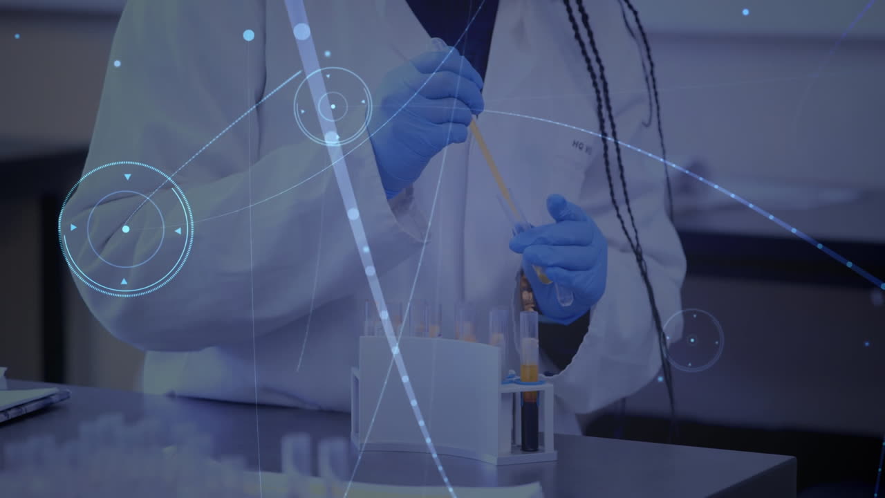 연결된 점의 애니메이션, 렌즈 플레어, 아프리카계 미국인 여성 과학자가 플을 수집합니다.