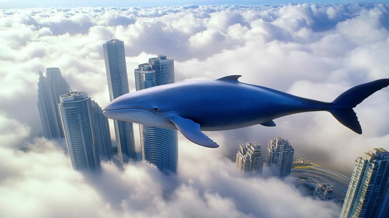 Whale soaring above towering skyscrapers. A giant whale swims gracefully among clouds above modern skyscrapers in a stunning urban landscape.