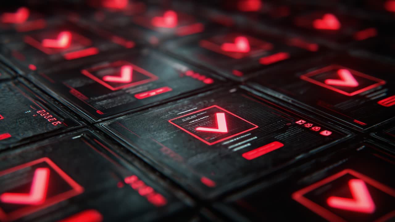 A Futuristic Network of Digital Checkmarks Illuminated in Red, Symbolizing Approval and Validation in a Seamless Technological Environment
