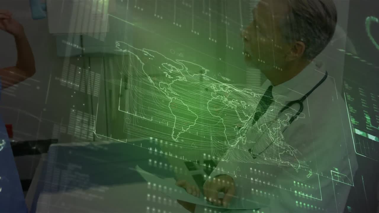 남성 수석 백인 의사에 대한 디지털 인터페이스의 애니메이션