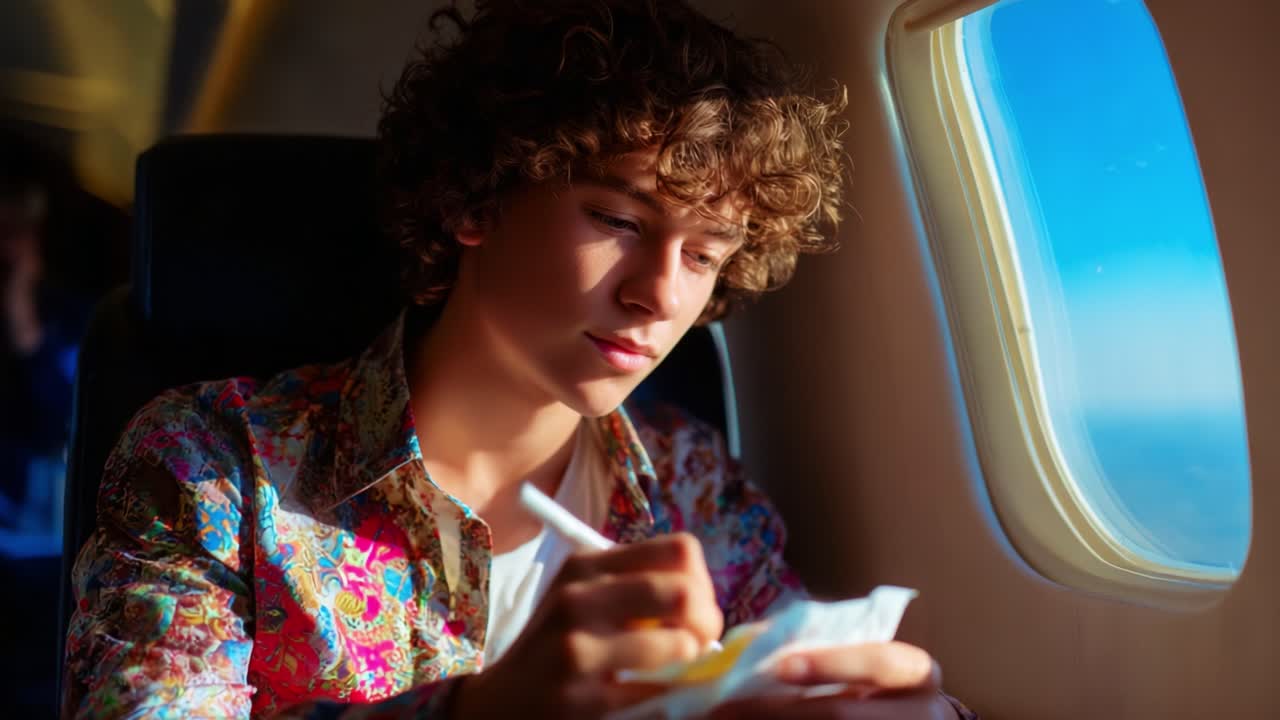 A young person with curly hair deeply focused while writing notes on a notepad during a scenic airplane flight, surrounded by sunlight streaming through the cabin window, reflecting creativity and inspiration