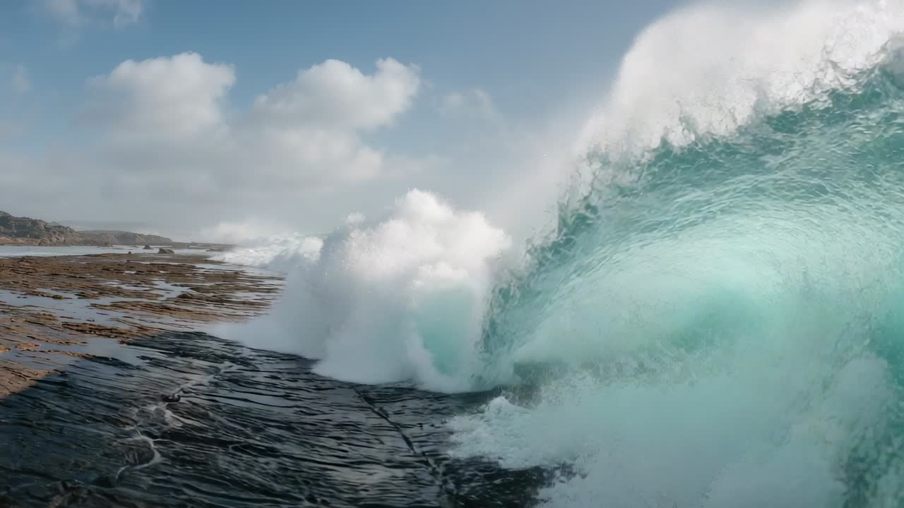 Breaking ocean wave rising from swell and crashing onto rocky shelf, coating in foam, copy space