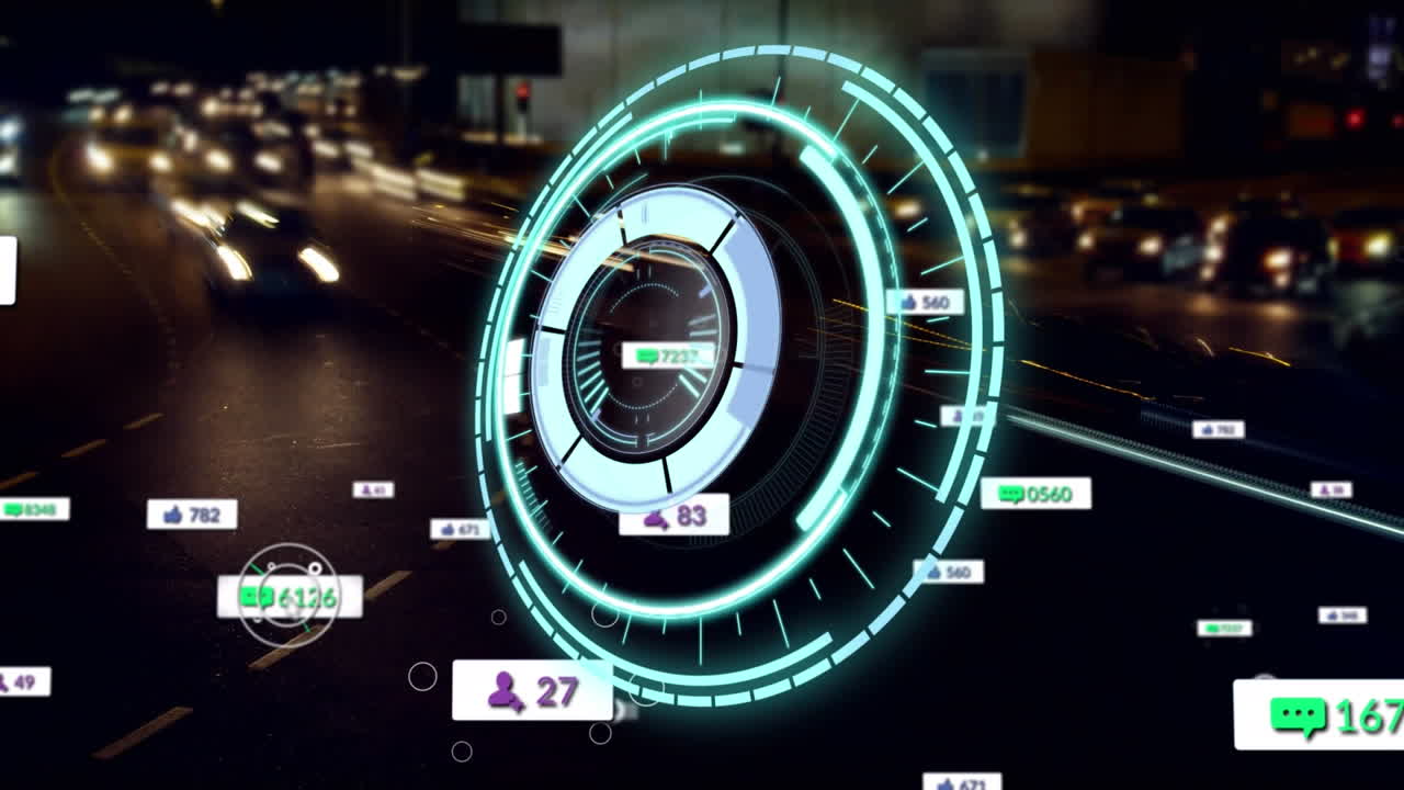 Animation of scope scanning over social media icons and cityscape