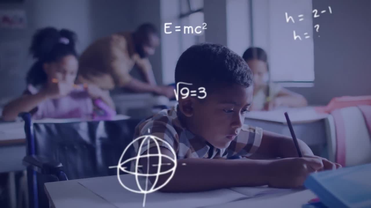Animation of maths calculations over biracial schoolboy writing at desk in diverse class