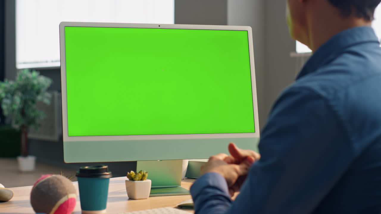 Entrepreneur hands gesturing mockup computer office. Startuper talking videocall