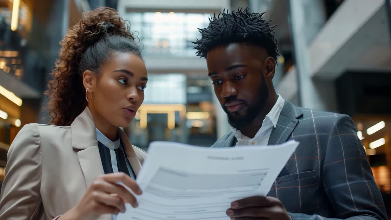 Two business professionals discussing a document