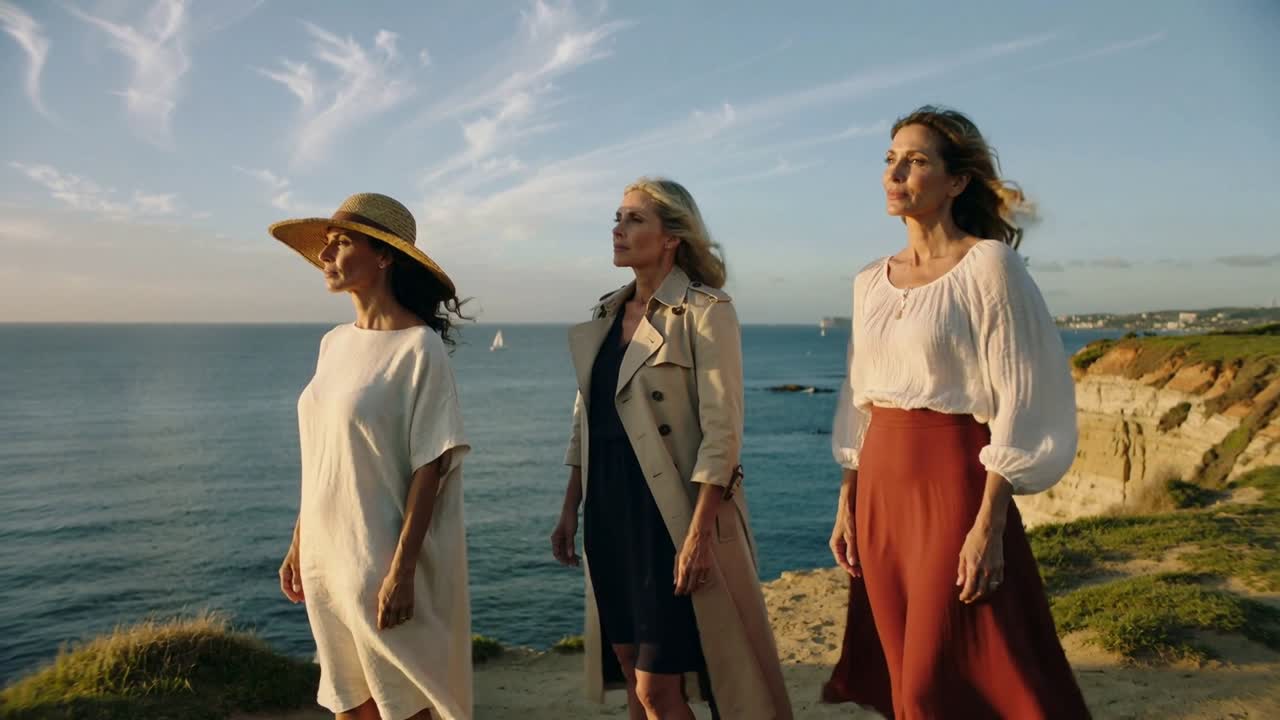 Tre kvinder står på en klippe ud mod havet, hvor vinden tager til og løfter deres hatte og frakker, mens de ser på sejlbåde.