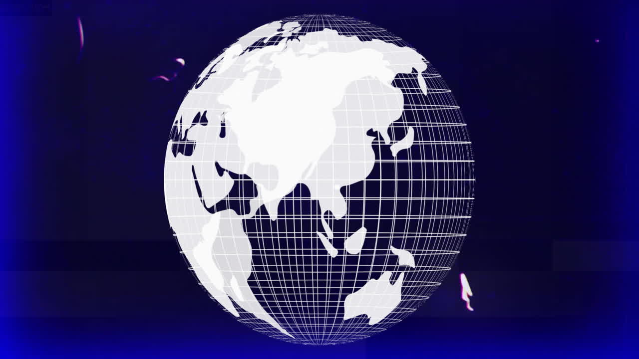 어두운 파란색 배경 위에 그리드 라인 애니메이션으로 회전하는 지구