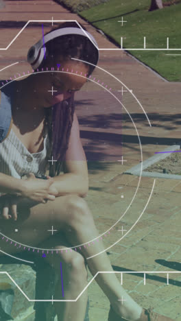 animación de escaneo de alcance sobre mujer biracial con scooter usando reloj inteligente
