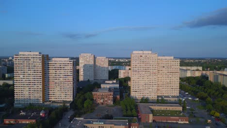 stunning aerial top view flight panel system building, prefabricated housing complex, berlin marzahn east germany golden hour 2023