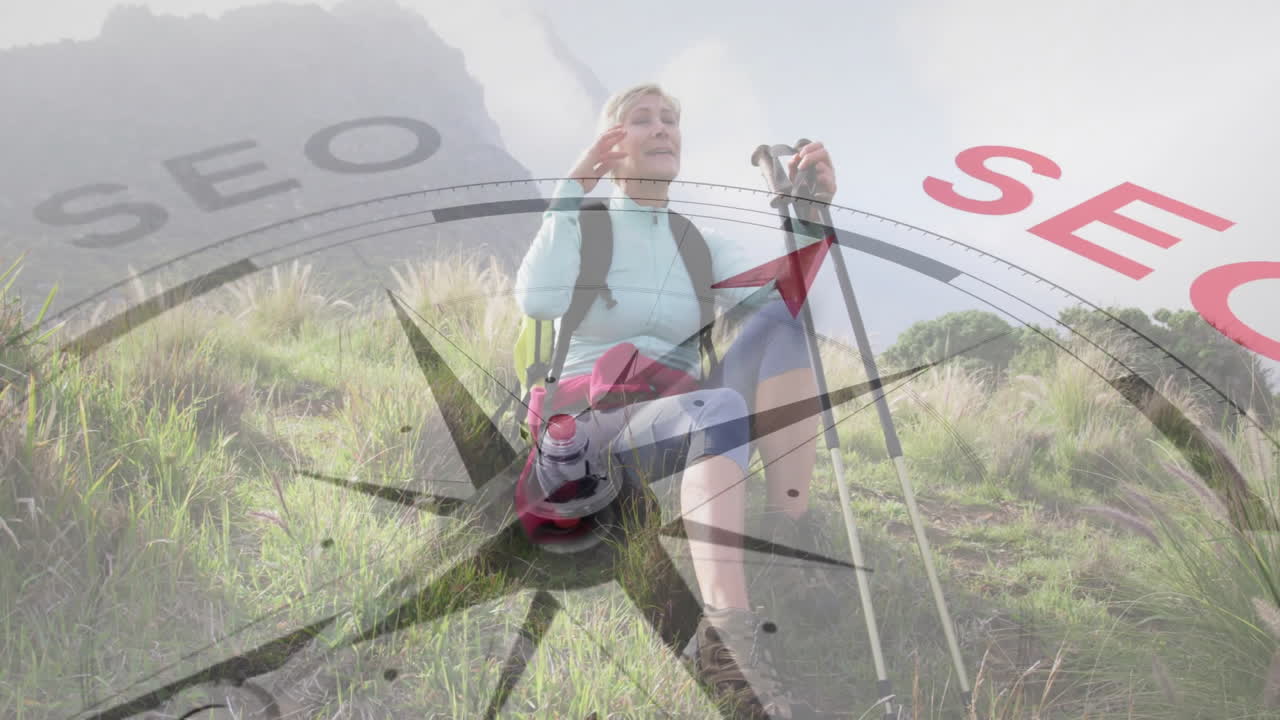Woman hiker adjusting trekking pole on hillside, with compass rose and SEO letters floating