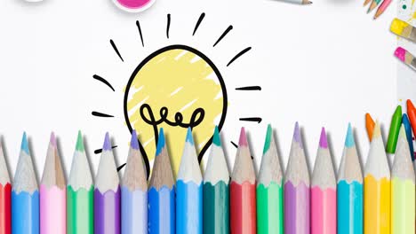 animation of pencils in row over lightbulb icon on white background