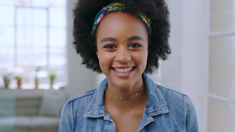 Black-woman,-smile-and-happy-in-a-room-in-home