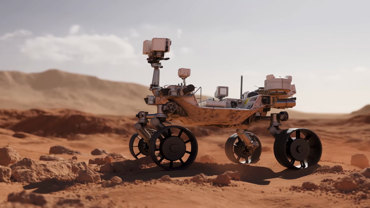 Mars Rover On Red Rocky Plain Scanning Geology With Camera Mast, Six Rugged Wheels Navigating Sandy Dunes,