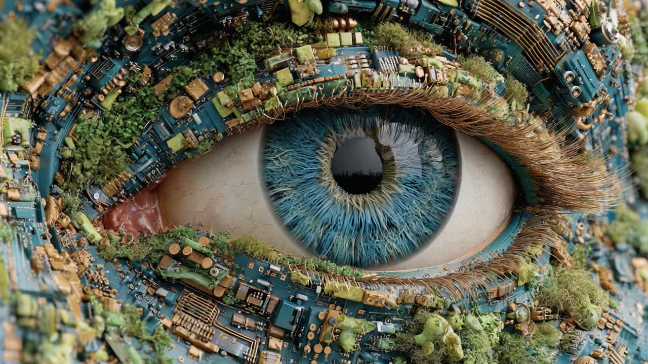 A Stunning Vision of Nature and Technology Intertwined: An Eye Composite Merging Circuitry and Organic Elements for a Futuristic Aesthetic