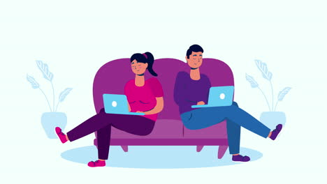 pareja usando portátiles en el sofá campaña de quedarse en casa
