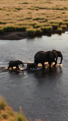elephants crossing a river at sunset