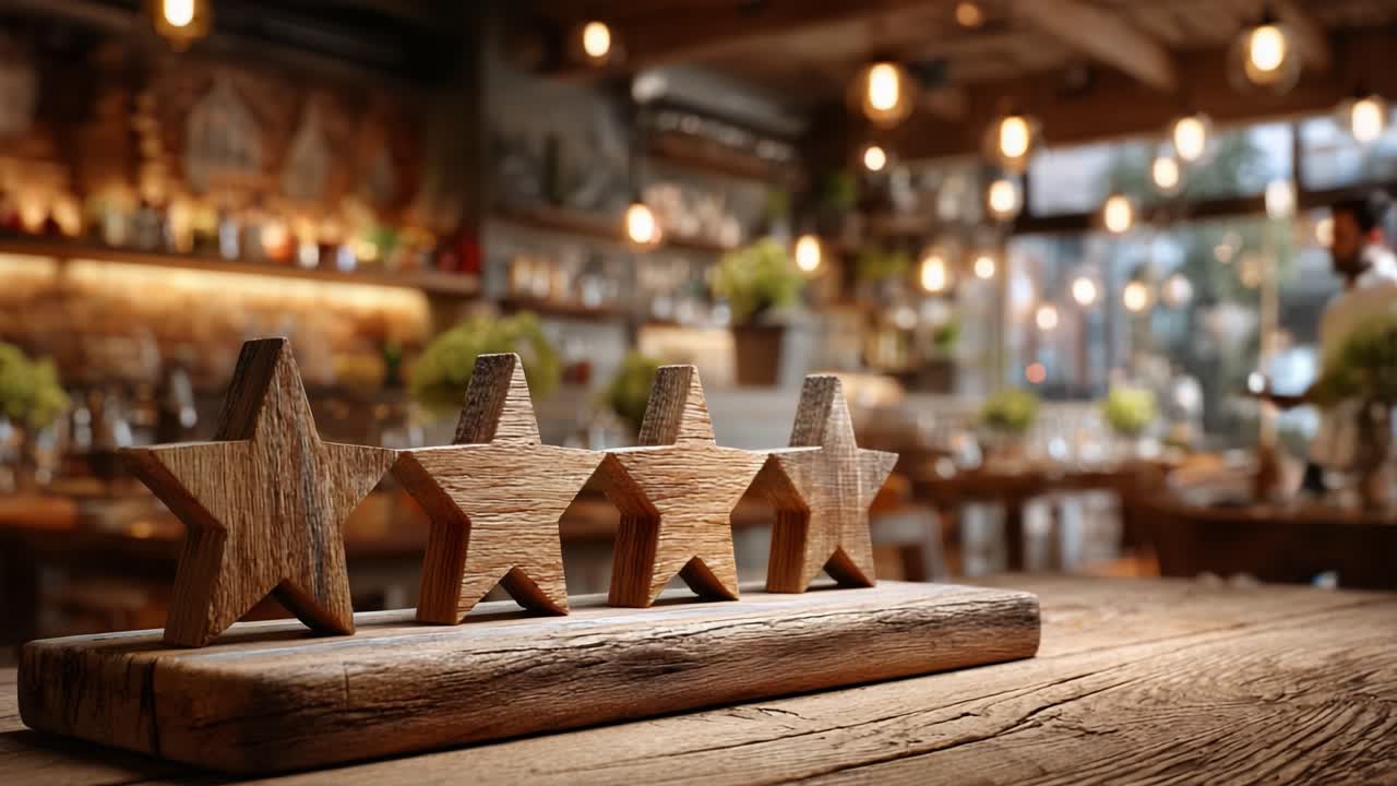 Showcasing Four Wooden Stars on a Rustic Table in a Cozy Restaurant Setting: A Visual Tribute to Quality and Atmosphere