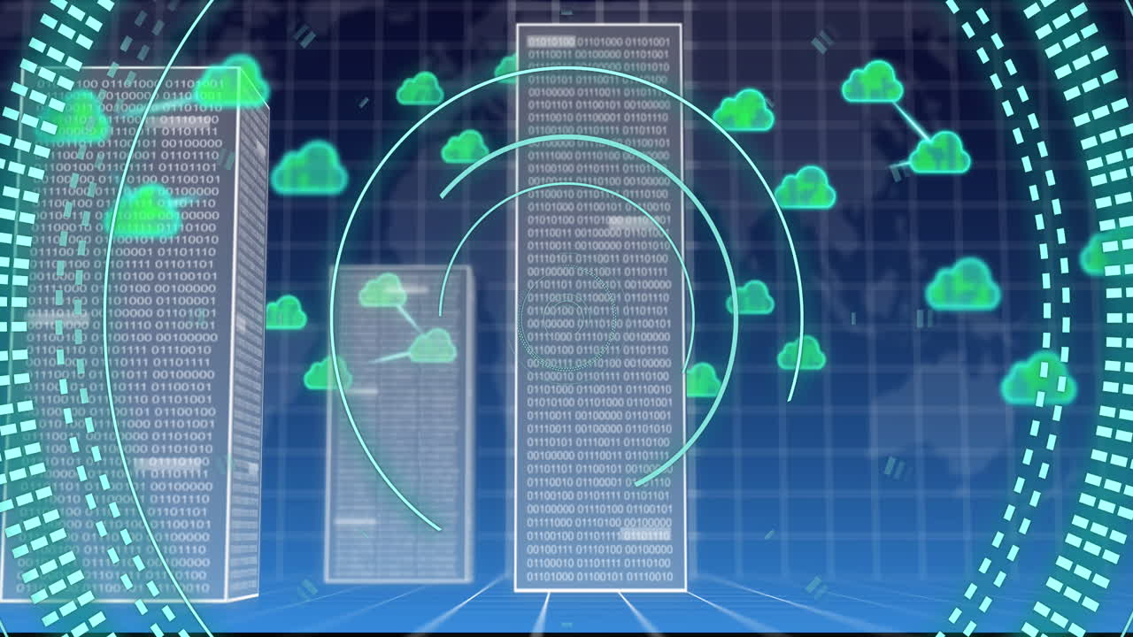 Animation of clouds, binary data with data processing over grid and map of world