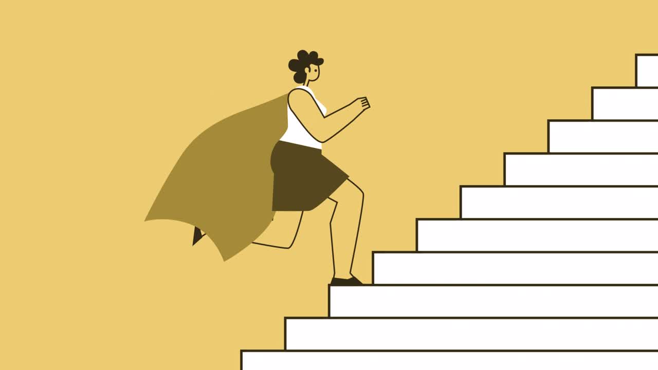 노란색 스타일의 여성 슈퍼히어로 평평한 캐릭터는 계단을 달려갑니다. 알파 채널과 함께 고립된 루프 애니메이션