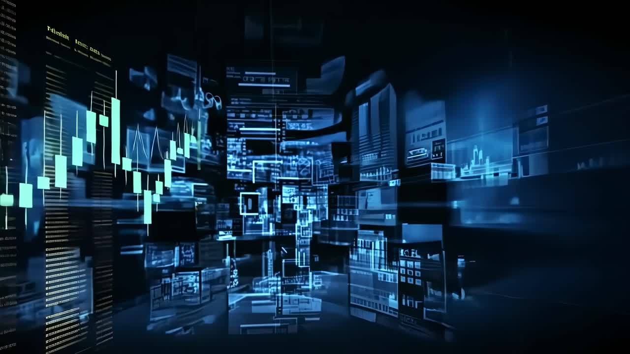 Futuristic video concept with digital data and graphs. Dynamic, angled camera shot creates a sense