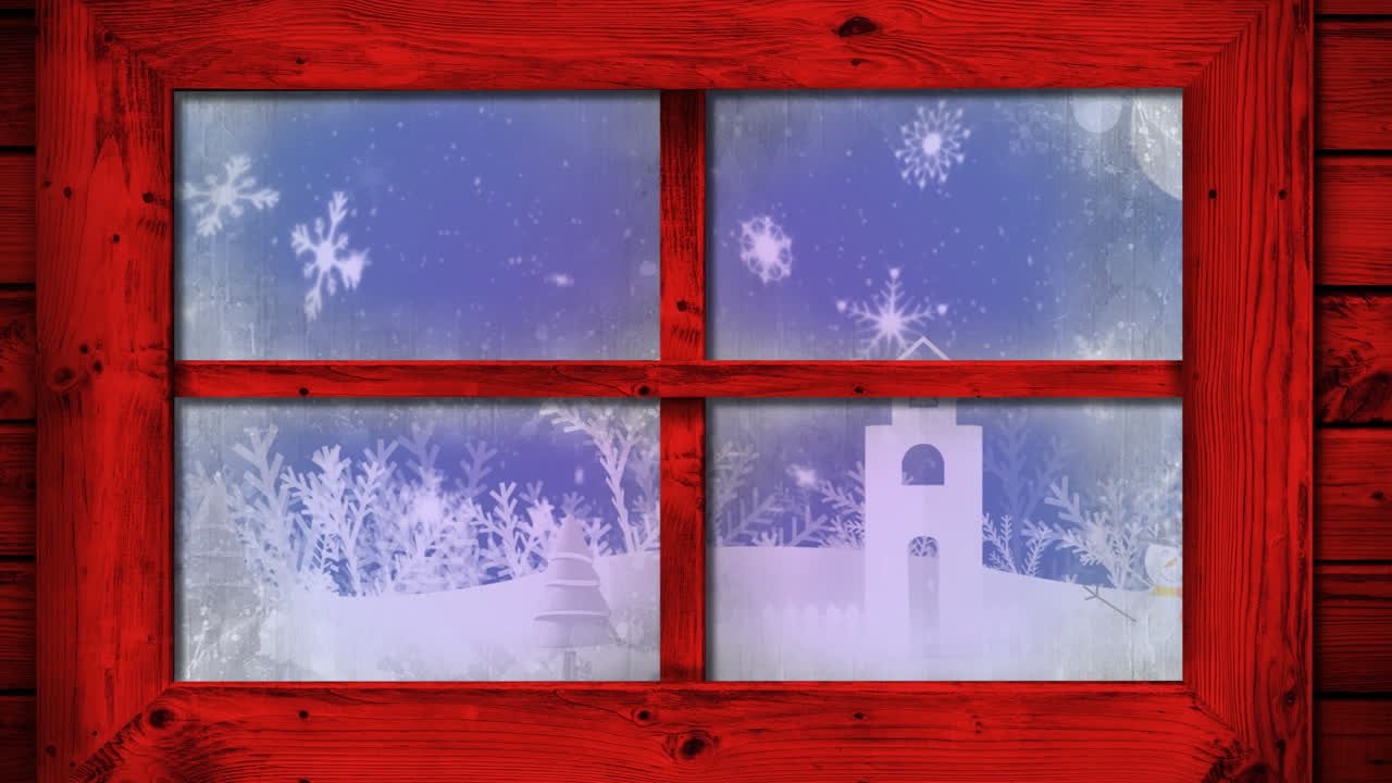 파란색 배경에 떨어지는 눈송이와 함께 창문을 통해 볼 수 있는 겨울 풍경의 애니메이션