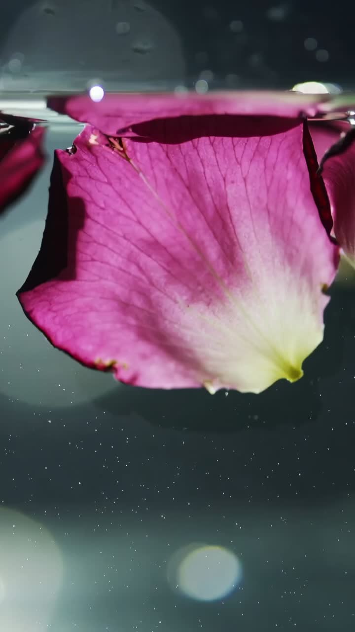Video verticale: petalo di rosa rosa scivola e si inclina in una ciotola di vetro, le bolle che salgono causano un leggero movimento