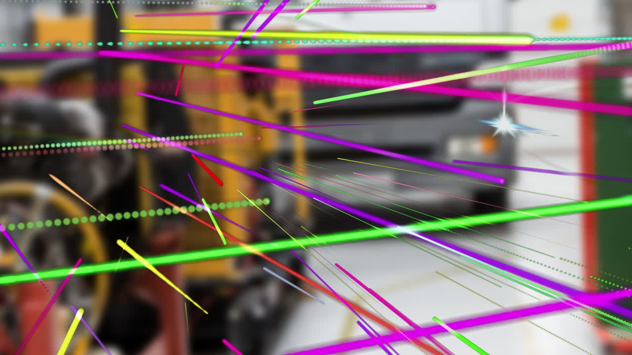 Colorful light streaks and dots animation over industrial machinery in background