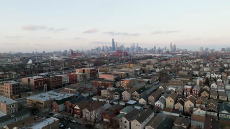 drone shot rising over the bridgeport neighborhood, spring sunrise in chicago, usa