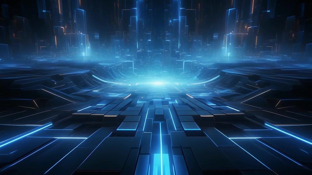 Abstract Digital Cyberpunk Cityscape with Glowing Blue Neon Lights
