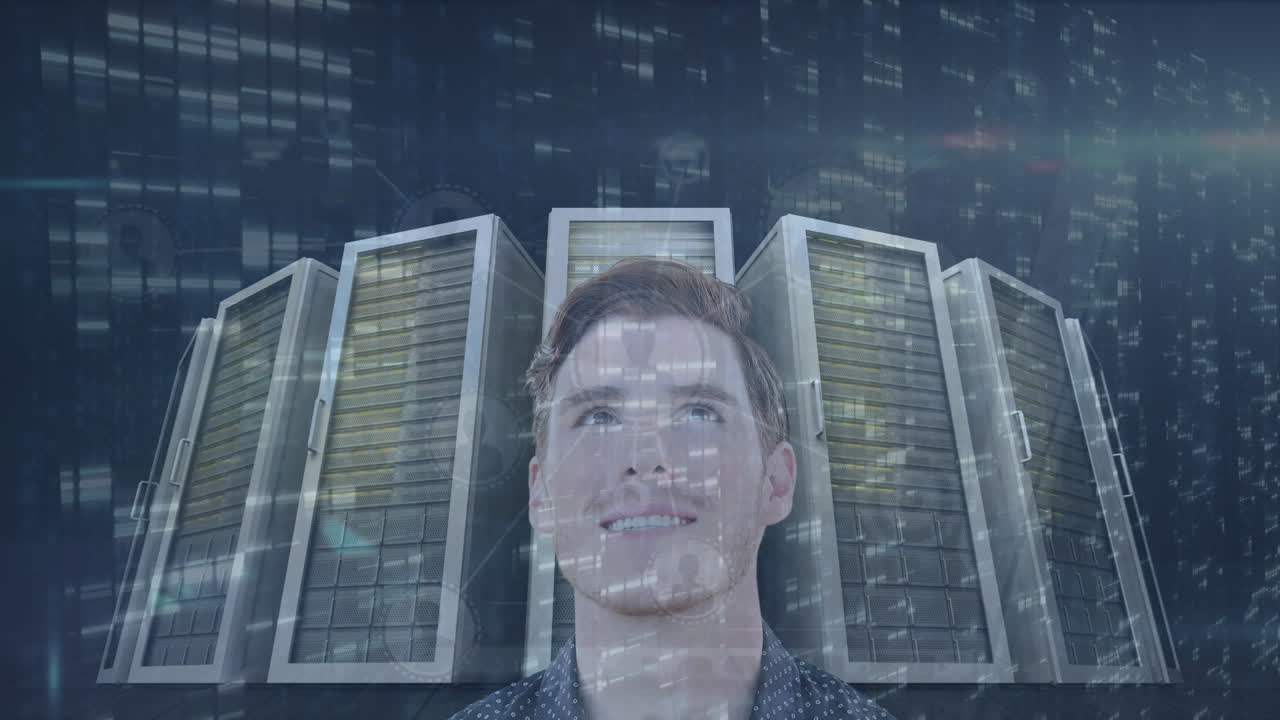 Animation af databehandling over forretningsmand i serverrum