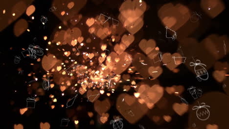 animation of falling gifts and tokens with glitter and gold hearts and sparks on black background