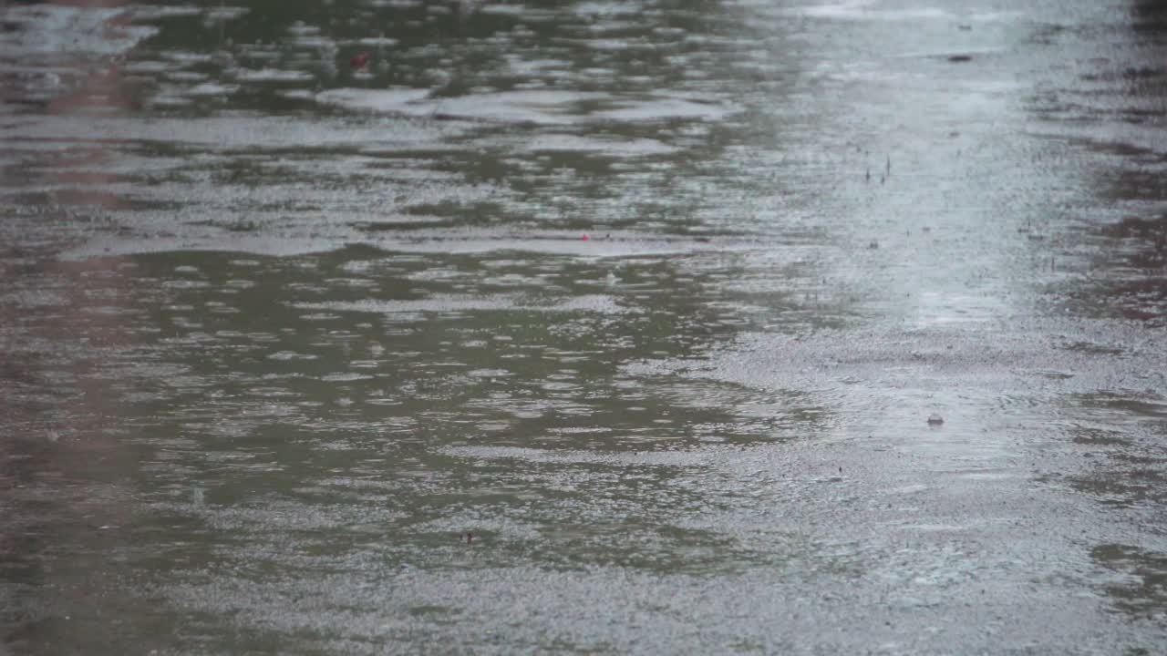 Water drops creating ripples in puddles on a road in urban India