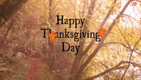 digital composition of happy thanksgiving day text and autumn maple leaves floating against forest