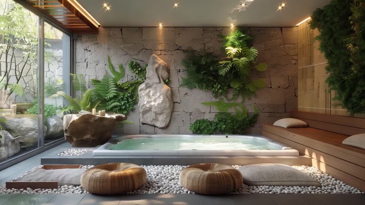 Indoor Hot Tub with Stone Wall and Plants