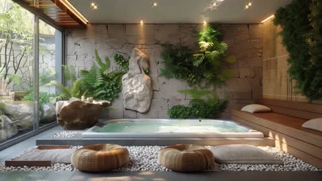 indoor hot tub with stone wall and plants
