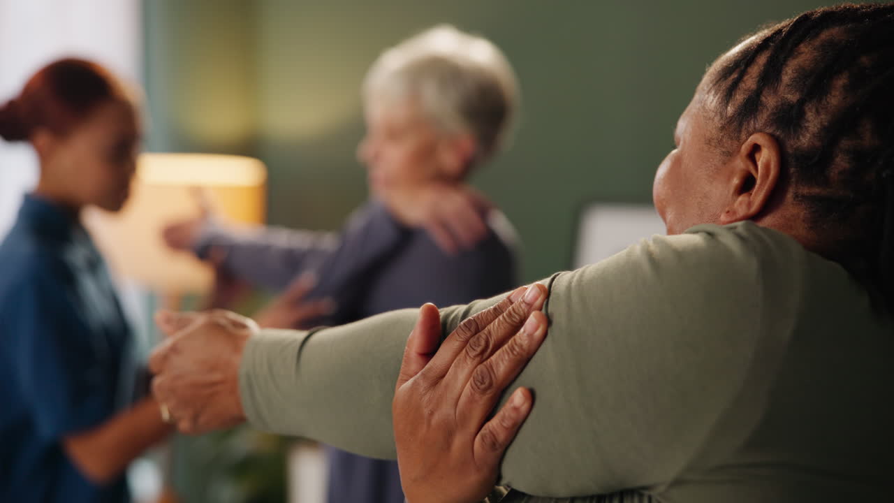 Senior adults stretching in a group exercise class