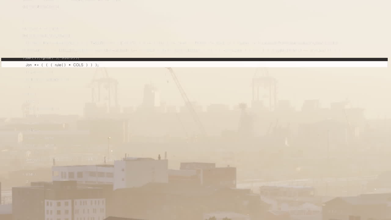 도시에서 실루 크레인과 건물의 공중 뷰를 이동하는 디지털 스크린의 애니메이션