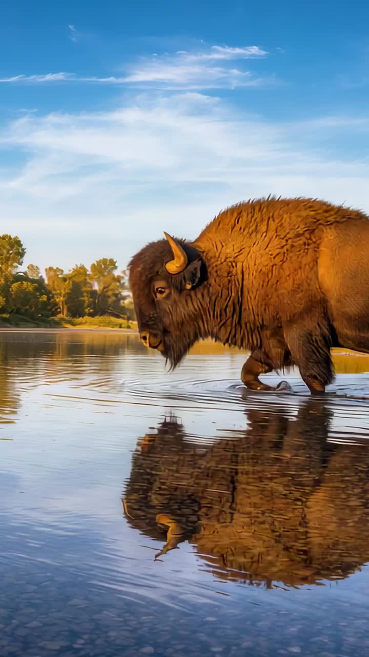 Vertical video: Hoof touching water, American bison walking along shallow shore with ripples