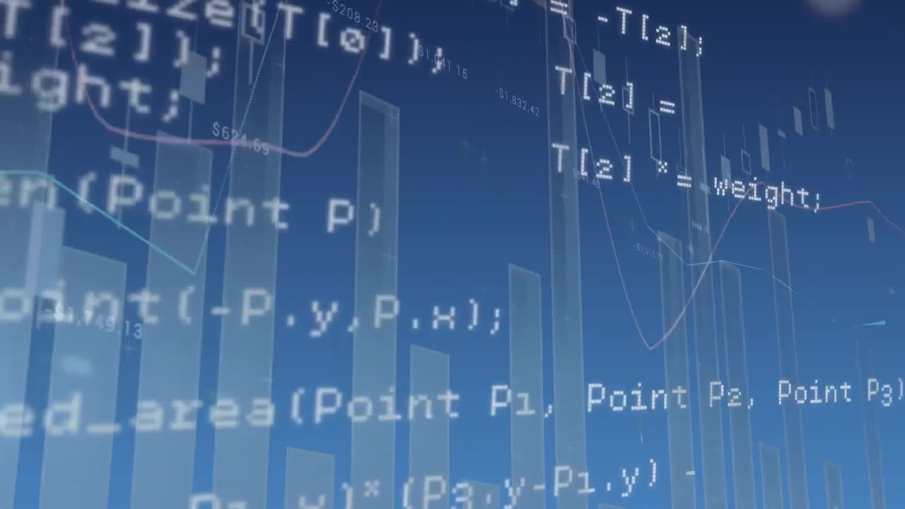 Animation of financial data processing on blue background