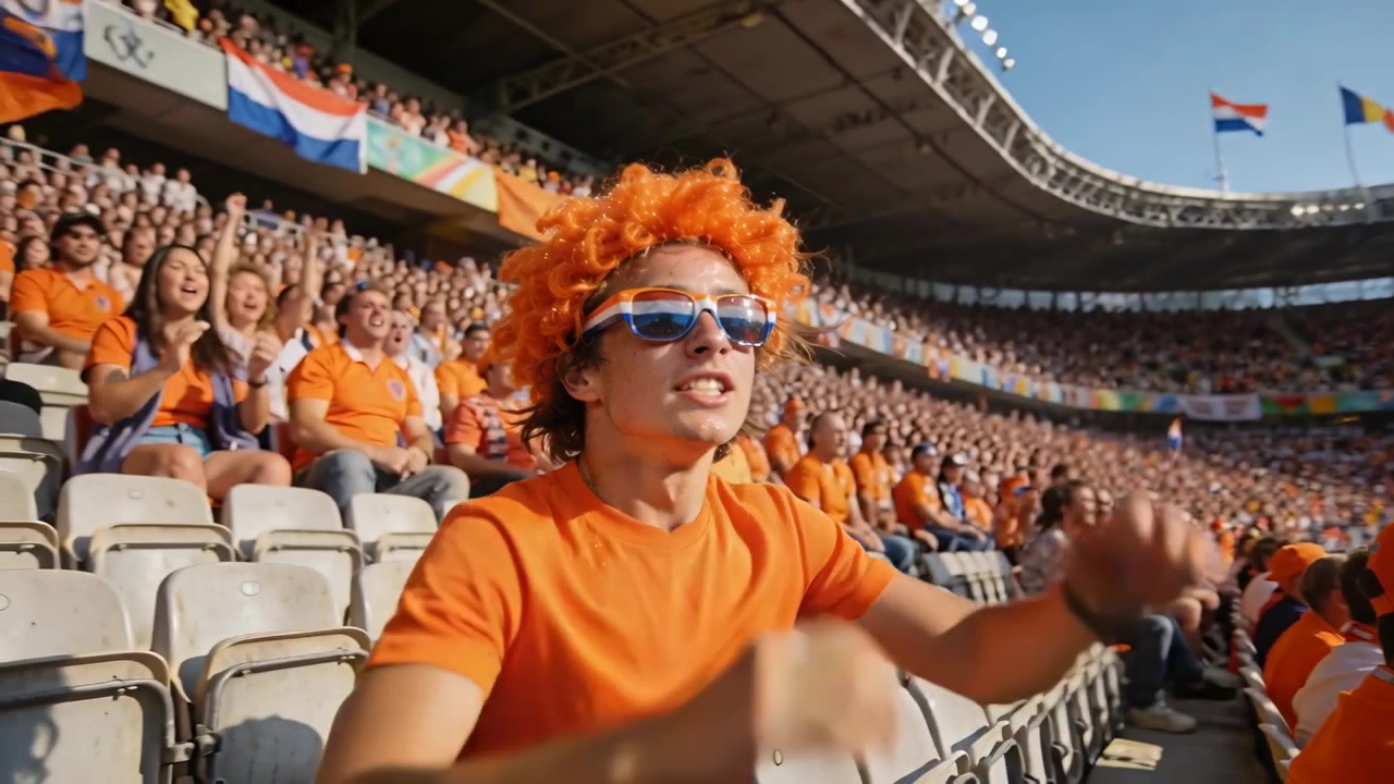 Reagendo dopo una grande giocata, un tifoso con maglietta arancione, parrucca e occhiali da sole allo stadio che si sporge, urla e applaude