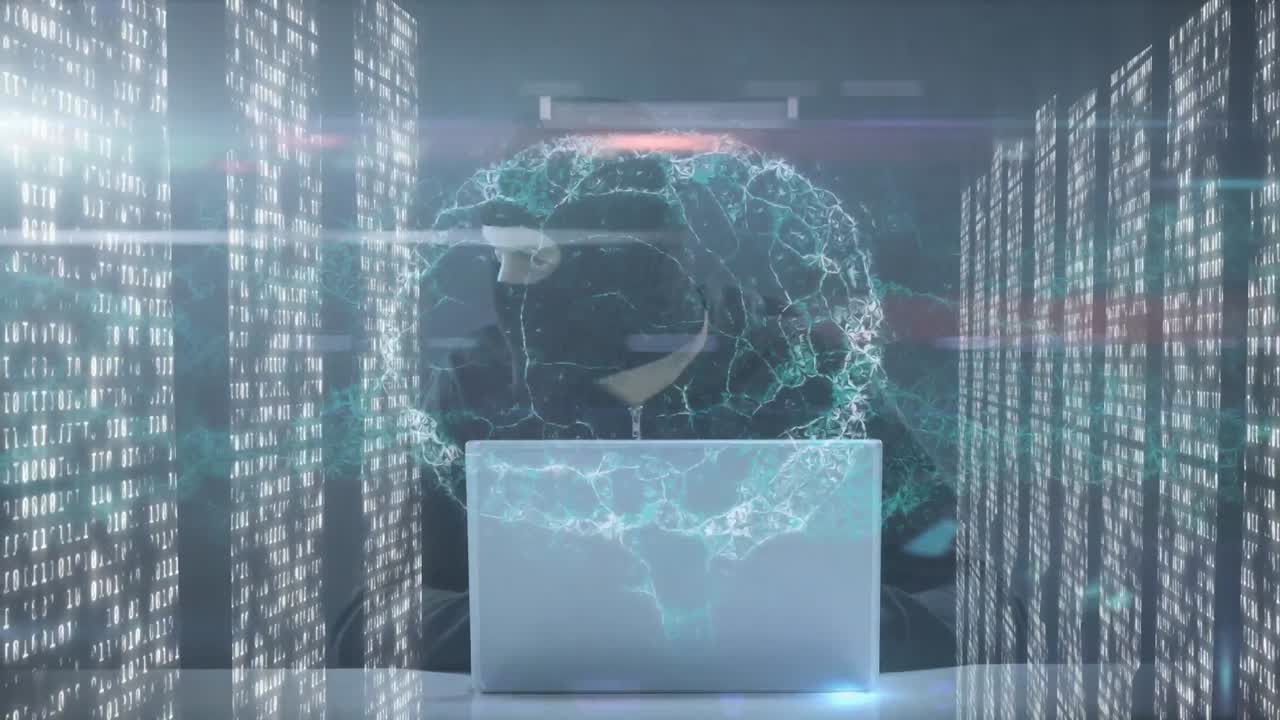 Animation of human brain and data processing over hacker with laptop