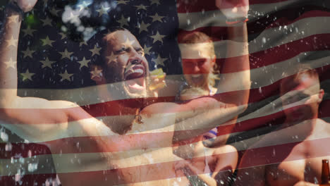 Group-of-friends-celebrating-in-the-pool-and-an-American-flag-for-fourth-of-July.