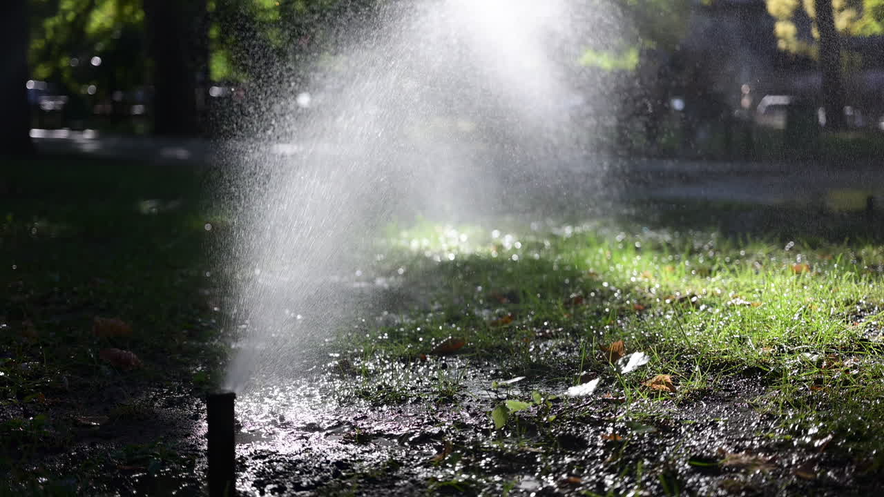 Lawn sprinkler spraying water with bright sun rays, creating sparkling reflections