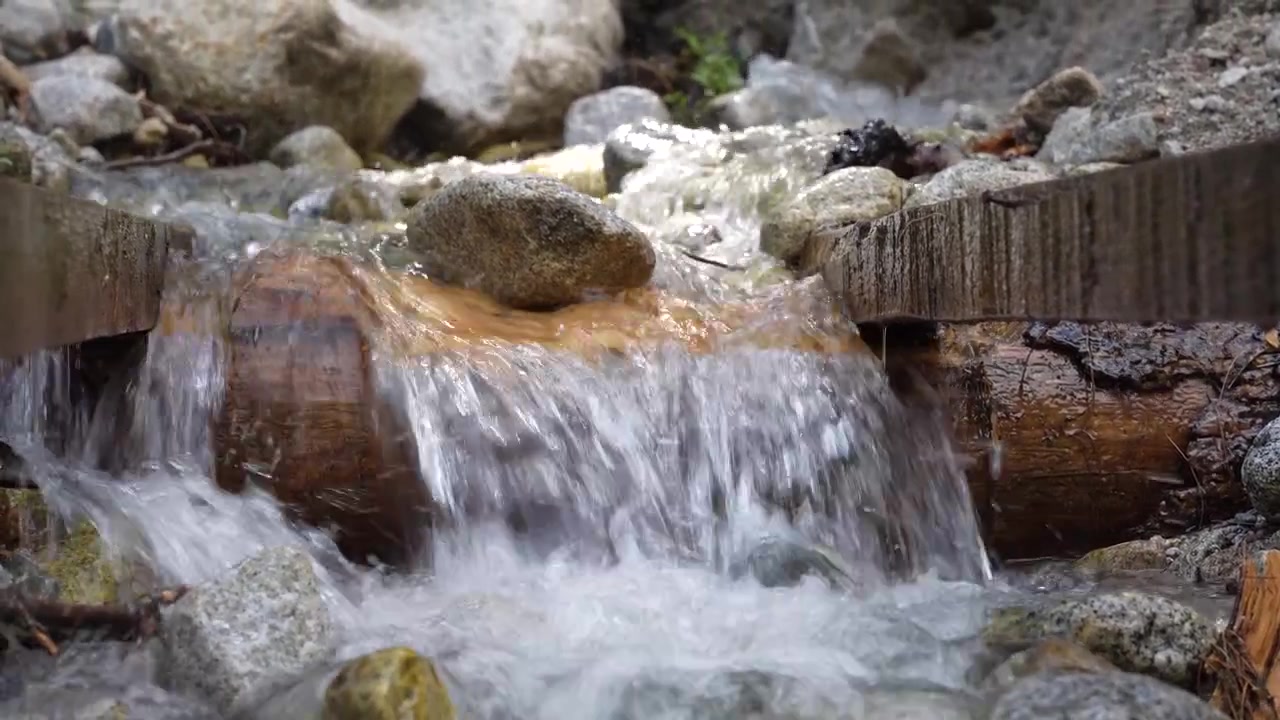 L'eau douce cascade sur des troncs d'arbres et des rochers dans un torrent de montagne.