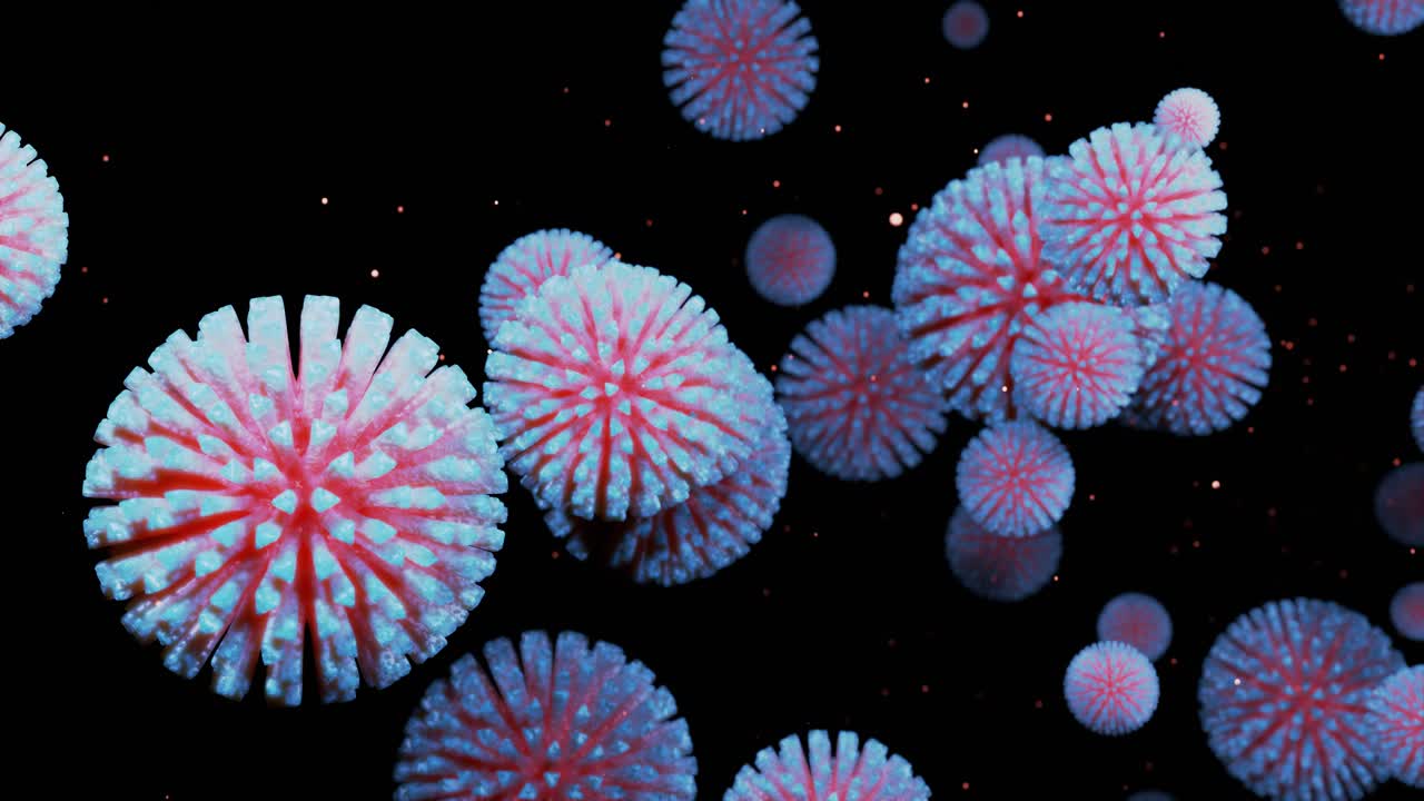 코로나19 (h1n1), 조류 독감 또는 돼지 독감이 액체에서 부드럽게 움직이는 바이러스의 3d 표현, 미생물학적 현미경 루프 배경으로 빨간색과 색 그라디언트 6